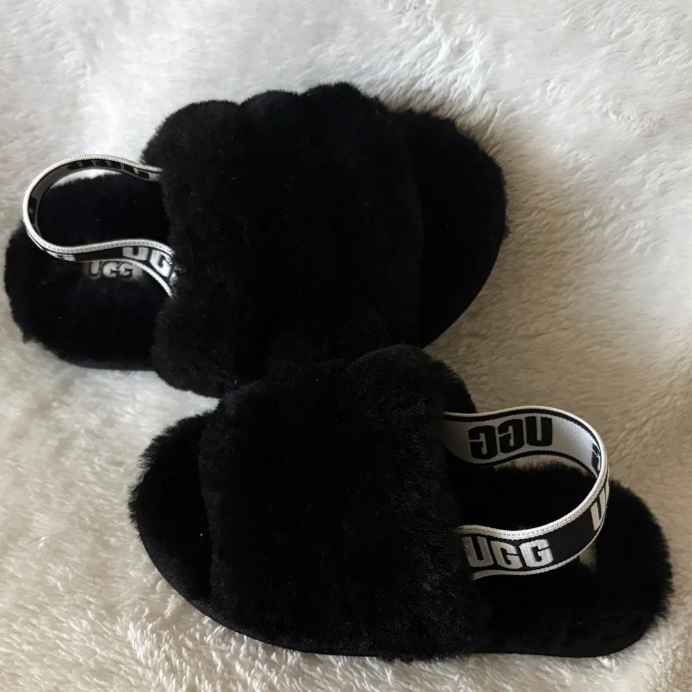 UGG Kids Black Furry Slide Sandals with Branded Heel Strap